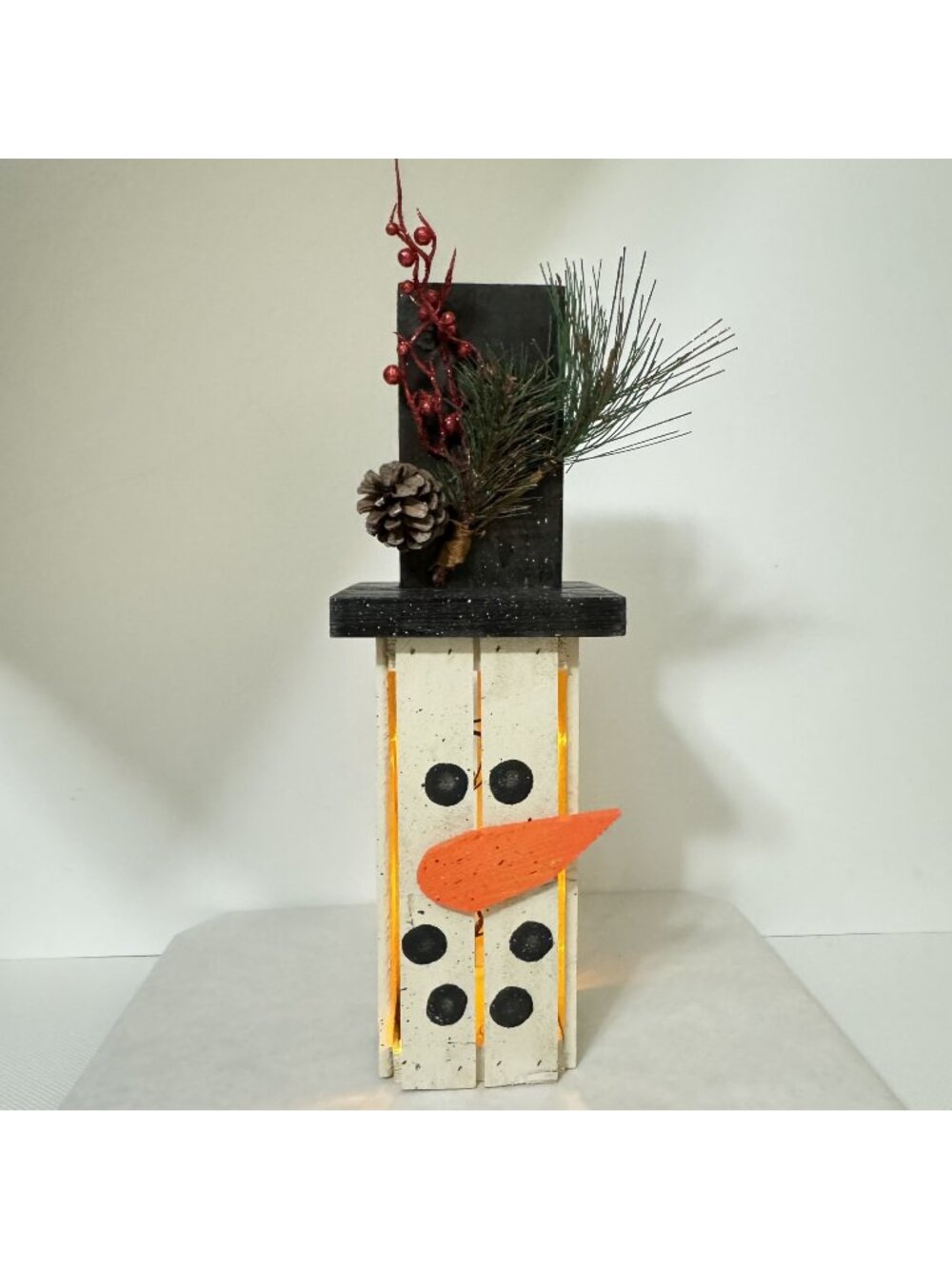Handcrafted Wooden Snowman Lantern 18" Yellow LED Lights Pinecone Rustic Indoor